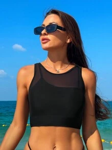 Swim Vcay 女士网眼覆盖比基尼上衣 - 黑色 - 查看 1