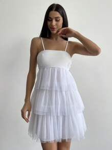 Firerie Women's Multi-Layer Ruffle Mesh Spaghetti Strap Dress Tulle Dress