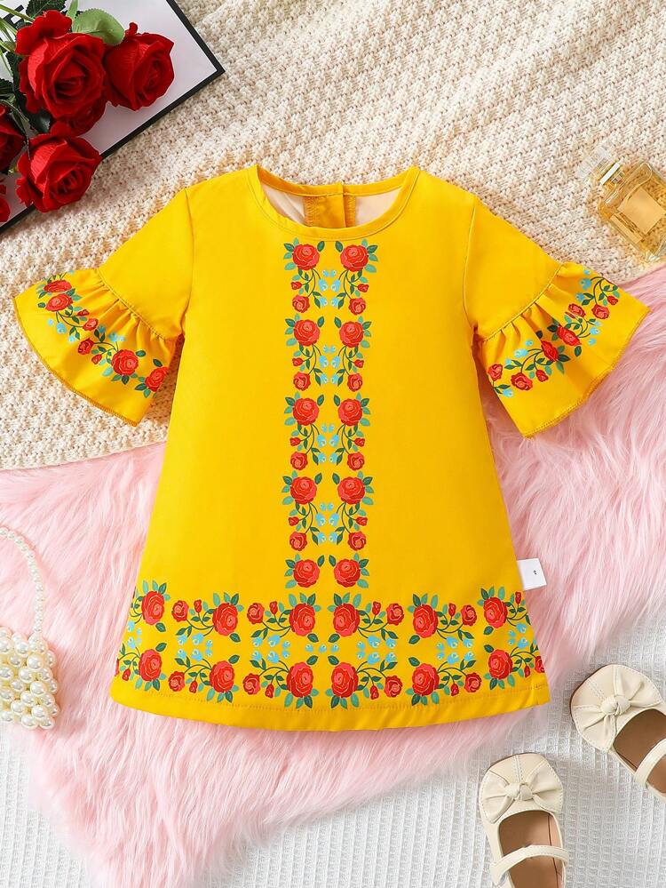 Baby Girl Bohemian Mid-Sleeve Straight Dress With Rose Printed Pattern