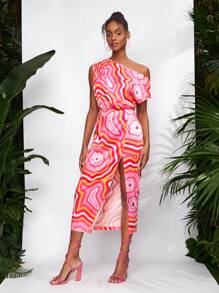 Debra Valencia Vestido asimétrico con estampado de geoda, abertura en el muslo y cuello, vestido de verano elegante para fiestas, cumpleaños, festivales, bodas, bailes de graduación