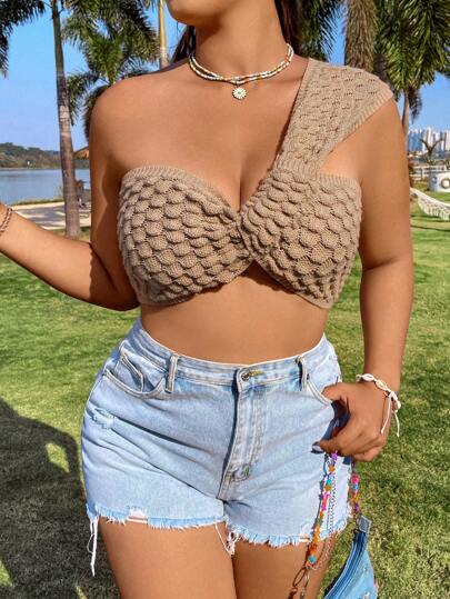 Sunnyshic Plus Size Women' One Shoulder Sleeveless Knitted Top