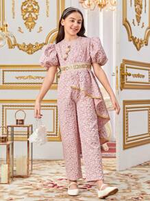 SHEIN 少女休閒圓領泡泡袖花卉連身褲 - 粉色 - 查看 1
