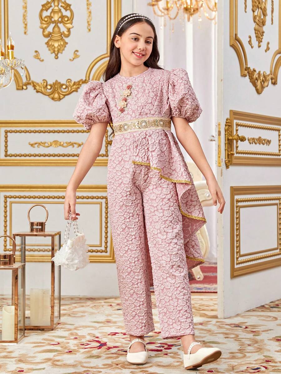 SHEIN 少女休閒圓領泡泡袖花卉連身褲 - 粉色 - 查看 1