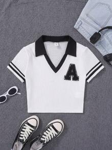 SHEIN Leap Crew Thiếu niên Cô gái Dệt kim Dệt kim Waff Dệt Kẻ sọc Khối màu Vá chữ cái Vòng cổ Giải trí Áo thun - trắng - Xem 1