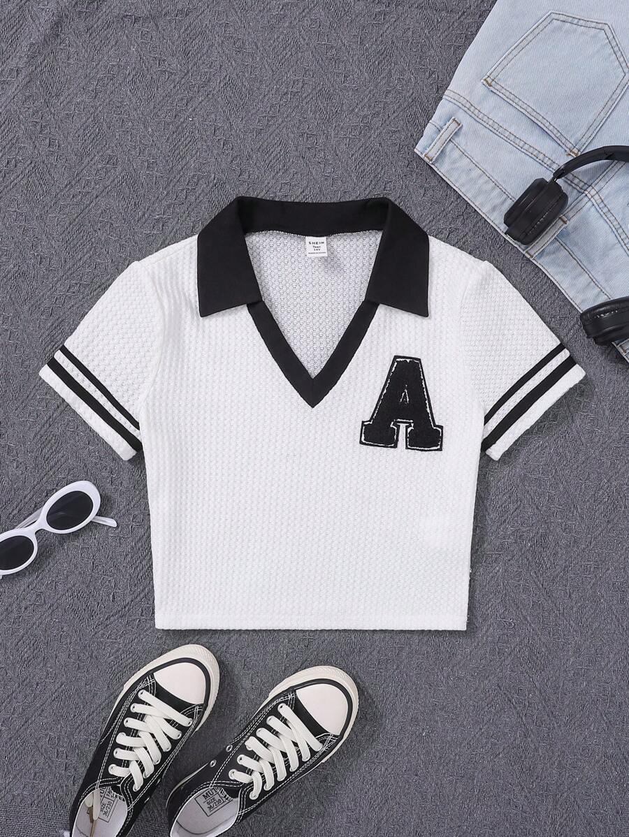 SHEIN Leap Crew Thiếu niên Cô gái Dệt kim Dệt kim Waff Dệt Kẻ sọc Khối màu Vá chữ cái Vòng cổ Giải trí Áo thun - trắng - Xem 1