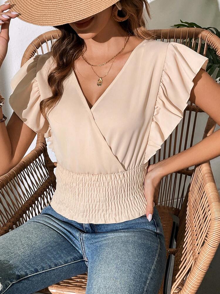 Women's Solid Color Ruffled Blouse With Shirred Hem