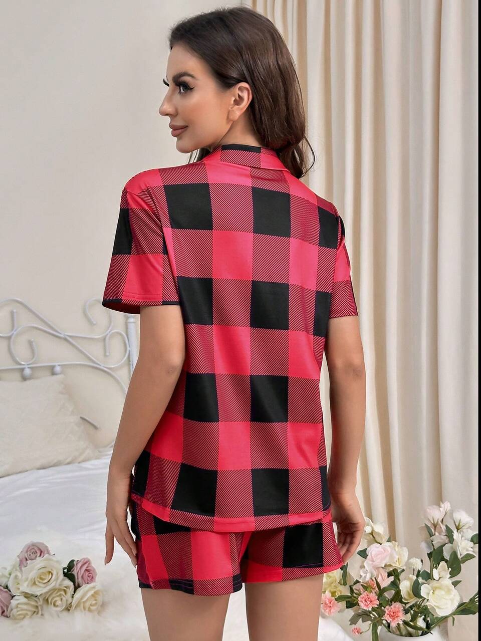 Gingham Check Pattern Short Sleeve Shirt And Shorts Homewear Set