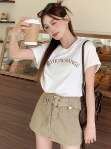 DAZY 女士字母刺繡修身t恤 - 白色 - 查看 7