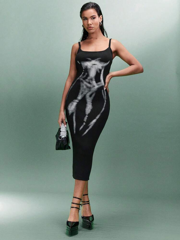 Women's Printed Knitted Bodycon Midi Dress Featuring Inkjet Human Body Pattern. Suitable For Spring Music Festivals, Parties, Daily Wear & Nightclubs.
