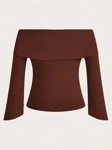 Flirla 大尺碼女士露肩長袖t恤 - 棕色 - 查看 2