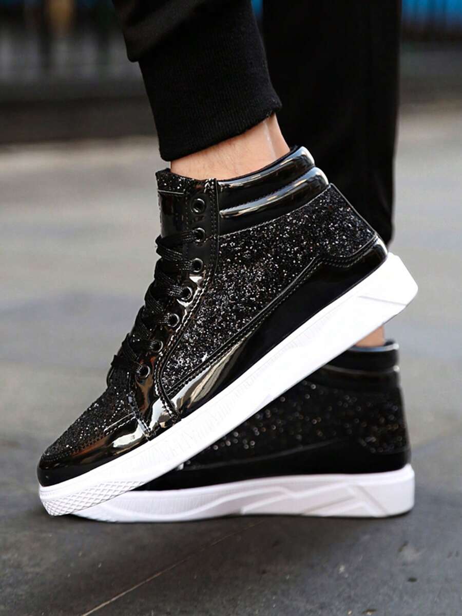 Men's High Top Athletic Shoes, Patent Leather Metallic Style, Bright