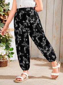 SHEIN 年輕女孩鬆身彈力口袋布花印休閒長褲 - 彩色 - 查看 5