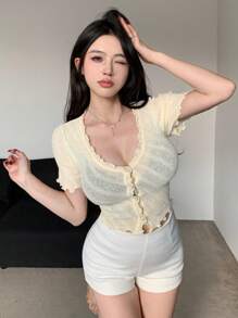 Women's Solid Crop Top Lace Trim Thin Short Sleeve Cardigan - Beige - View 7