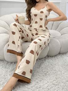 Bear Print V-Neck Cami Top And Pants Pajama Set - Multicolor - View 5