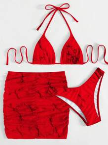 Swim SXY 3 stuks/set dames 2025 tie-dye halternek sexy micro driehoek print bikini set met doorschijnende cover-up mini rok, zomer
