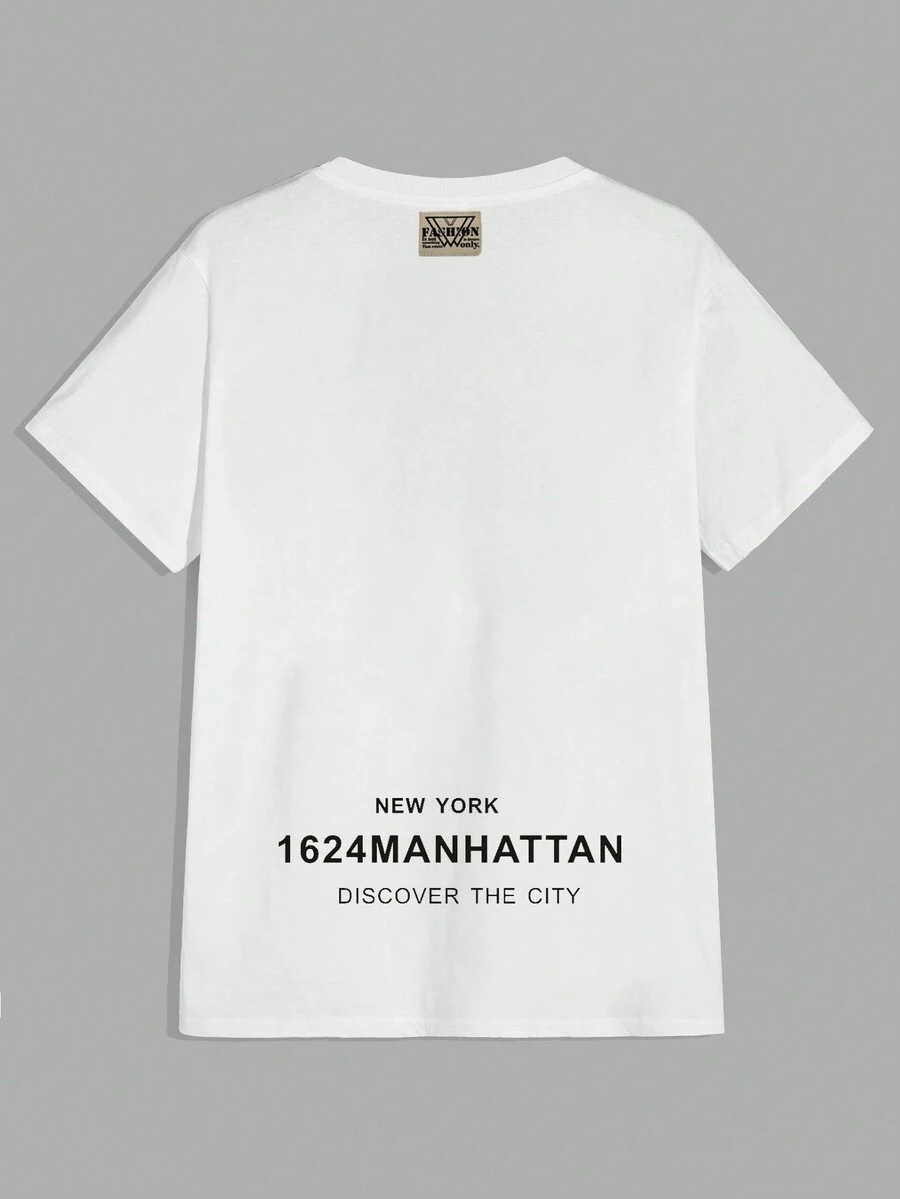 SHEIN Cottnline Men's Basic T-Shirt With Printed Design On The Back, Unisex Style - White - View 1