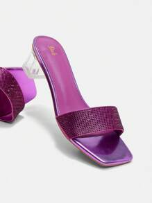 SheIn BIZ Ladies' Purple Pu Rhinestone Decor Mule Clear Heel Sandals - Purple - View 2