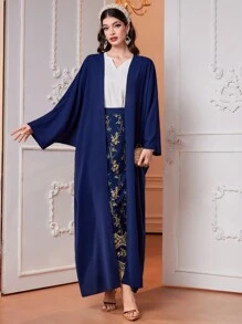 Al Najma Ladies' Solid Color Long Sleeve Open Front Coat And Floral Print Skirt Two Pieces Set 2 Pieces Set - Blue - View 3