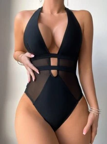 SHEIN Swim Summer Beach Women's One-Piece Swimsuit With Mesh Splice And Halter Neck - Black - View 3