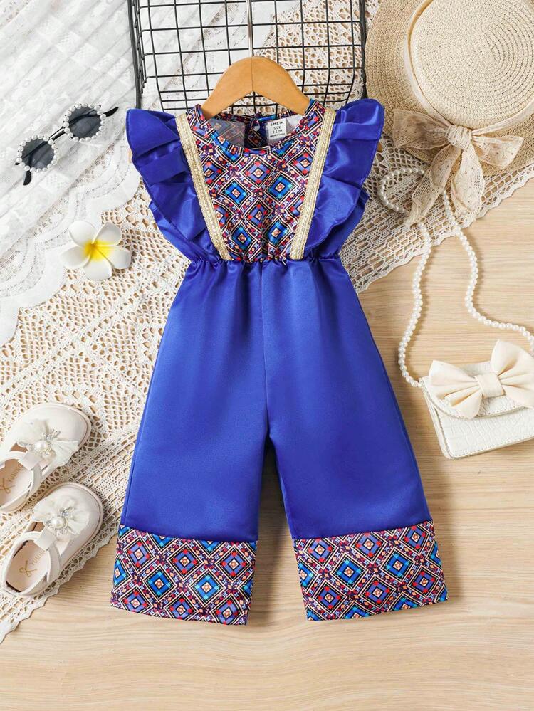 春夏 ベビーガール クラシック プリント 半袖 フェスティバル ジャンプスーツ エレガント、豪華、かわいい、カジュアルスタイル ブルー