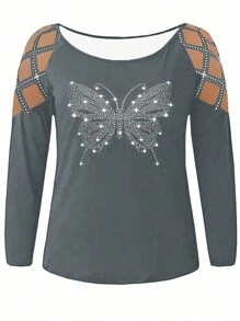 SHEIN LUNE 大碼女士蝴蝶印花露肩長袖t卹,鑲有鑽石飾品 - 灰色 - 查看 3