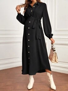 SHEIN Maternity Single-Breasted Long Sleeve Shirt Dress - Black - View 4