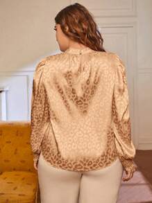 Modelyn Plus Size Women's Leopard Print Jacquard Puff Sleeve Shirt - Camel - View 2