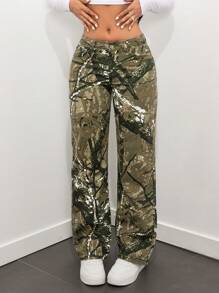 SHEIN ICON Jeans Rectos Lavados Con Cintura Baja Y Estampado - Multicolor - Ver 4