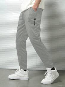 EURMUSE Pantalones de chándal con cordón en la cintura y estampado de letra para hombre - Gris - Ver 3