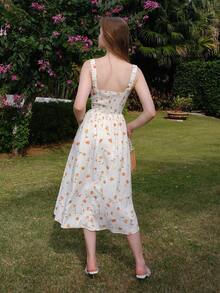 Vestido Feminino Com Estampa De Plantas E Alça Espaguete Franzido Com Cintura Elástica E Franzido Na Frente