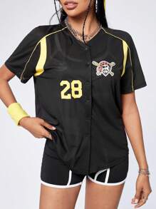 SHEIN EZwear Patchwork Color Block People And Number Printed Button Front T-Shirt - Black - View 3