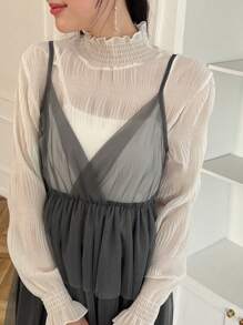 FRIFUL Women's Mesh Organza Ruffle Hem Spaghetti Strap Dress,Fall Dress Long Sleeve Dress