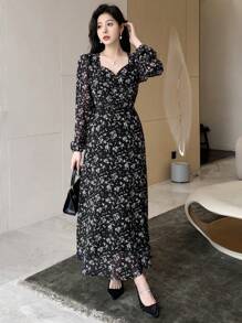 DAZY Của phụ nữ In hoa Người yêu Đường viền cổ áo Đầm - màu đen - Xem 4