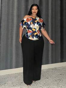 Slaydiva 優雅通勤不對稱領短袖上衣和寬腿褲女裝大碼2件套裝，大花圖案 - 彩色 - 查看 5