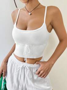 SHEIN EZwear Women's Knitted Camisole Top With Front Tie Strap - White - View 3