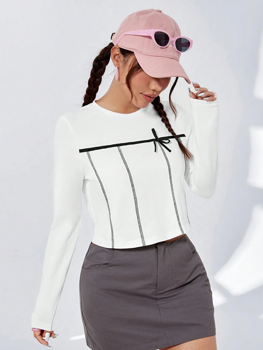 SHEIN Qutie Của phụ nữ Vòng cổ Tay áo dài Áo thun - Nhiều màu - Xem 1