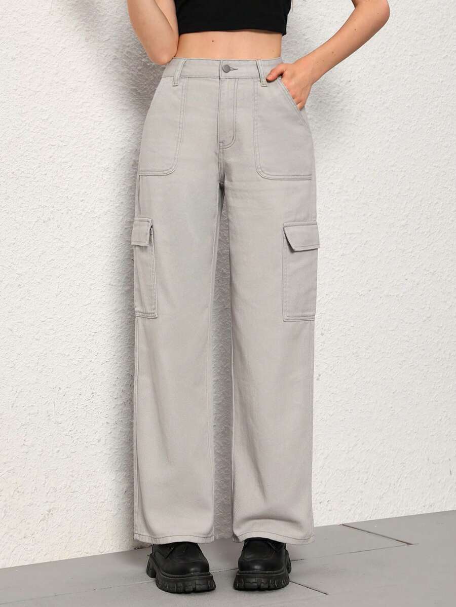 SHEIN EZwear Women's Cargo Pocket Straight Leg Jeans - Light Grey - View 1