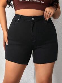 SHEIN EZwear 大尺碼高腰牛仔短褲,後背繡花細節設計 - 黑色 - 查看 5