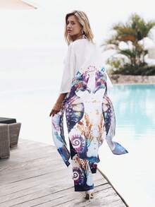 Quý cô Tím In Thế giới Bán trong suốt bờ biển Kimono & Gầy Quần Bộ - trắng - Xem 4
