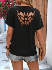 SHEIN LUNE Blusa De Manga Corta Con Corte De Mariposa En La Espalda Y Cuello Con Muesca - Negro - Ver 6