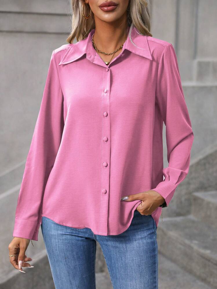 EMERY ROSE Solid Color Long Sleeve Shirt Fall Cloth For Women - Pink - View 5
