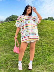 SHEIN Qutie Plus Size Women's Loose Fit Striped Summer Tee With Printed Design