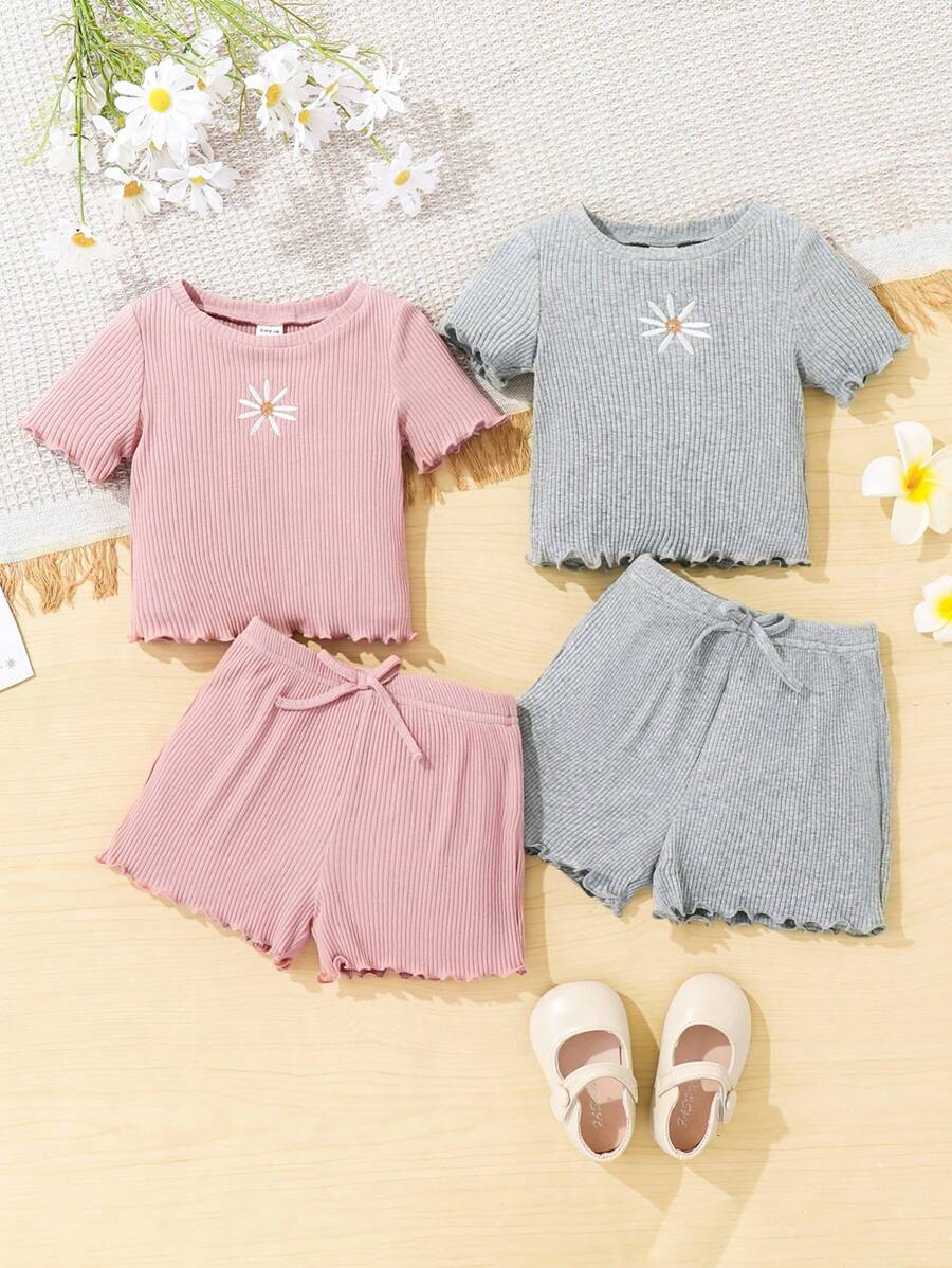 Baby Girl Casual Knitted Daisy Short Sleeve Top And Shorts Home Wear 4pcs Set - Pink - View 1