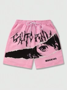ROMWE MEN Pantalones cortos tejidos con estampado de anime para hombres, adecuados para el uso diario en primavera y verano, escuela - Rosa - Ver 1