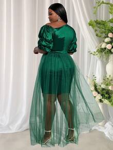 Plus Puff Sleeve Mesh Overlay Dress - Dark Green - View 2