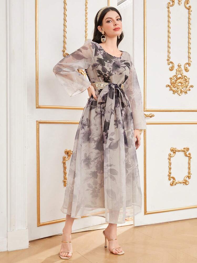 Floral Print Round Neck Gathered Waist Dress Long Evening Dresses Fall Cloth For Women