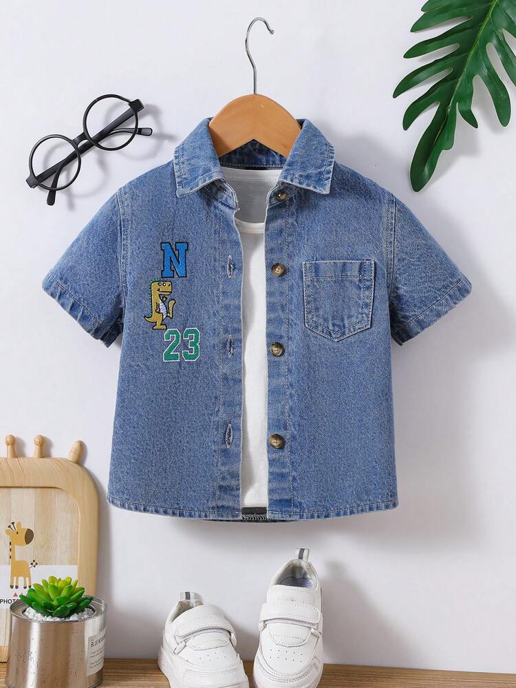 Baby Boy's Short Sleeve Denim Shirt With Letter And Dinosaur Embroidery Pockets, Front Button Closure