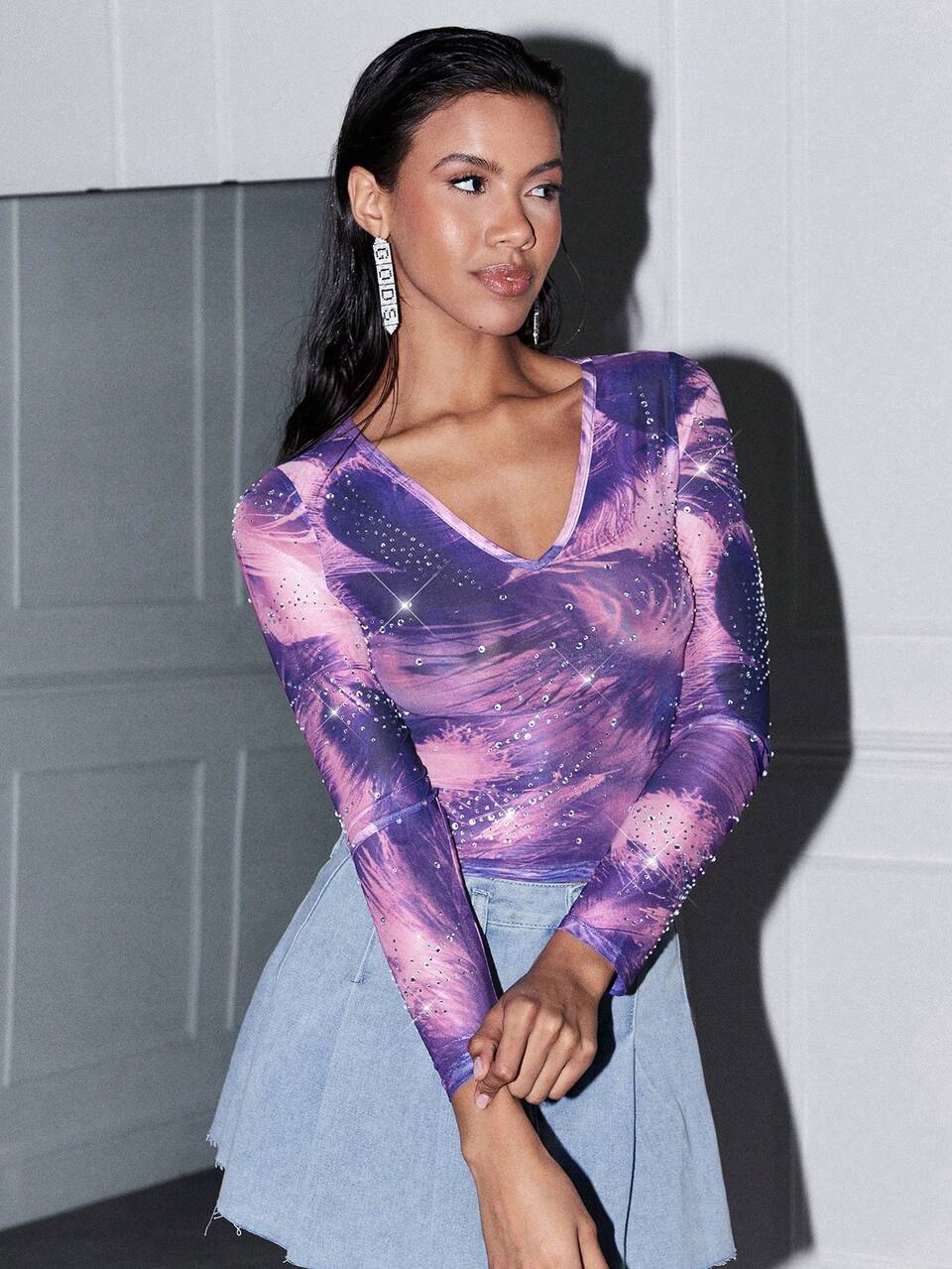 Women's Purple Rhinestone See-Through Tie-Dye Slim Fit Street-Wear Top