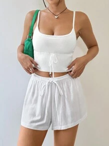 SHEIN EZwear Women's Knitted Camisole Top With Front Tie Strap - White - View 5