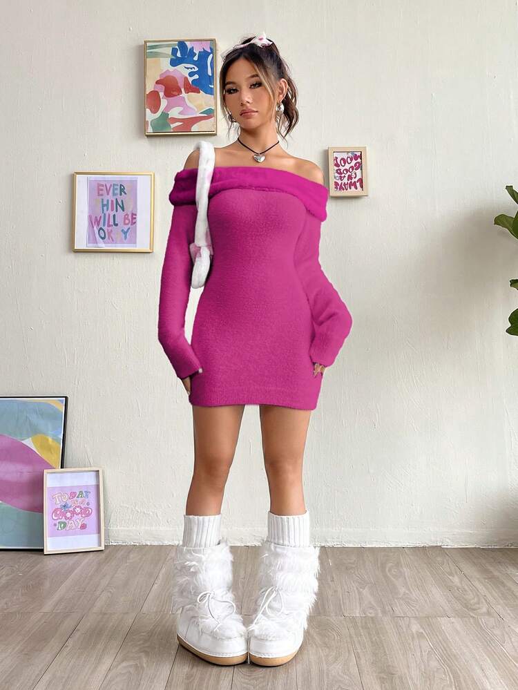 Women's Open Shoulder Long Sleeve Sweater Dress